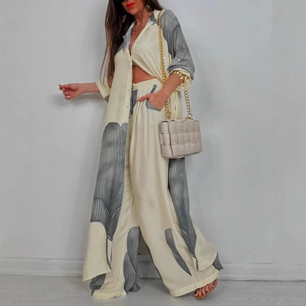 Wide Leg Palazzo Pants - Элегантный женский комплект, длинная рубашка с