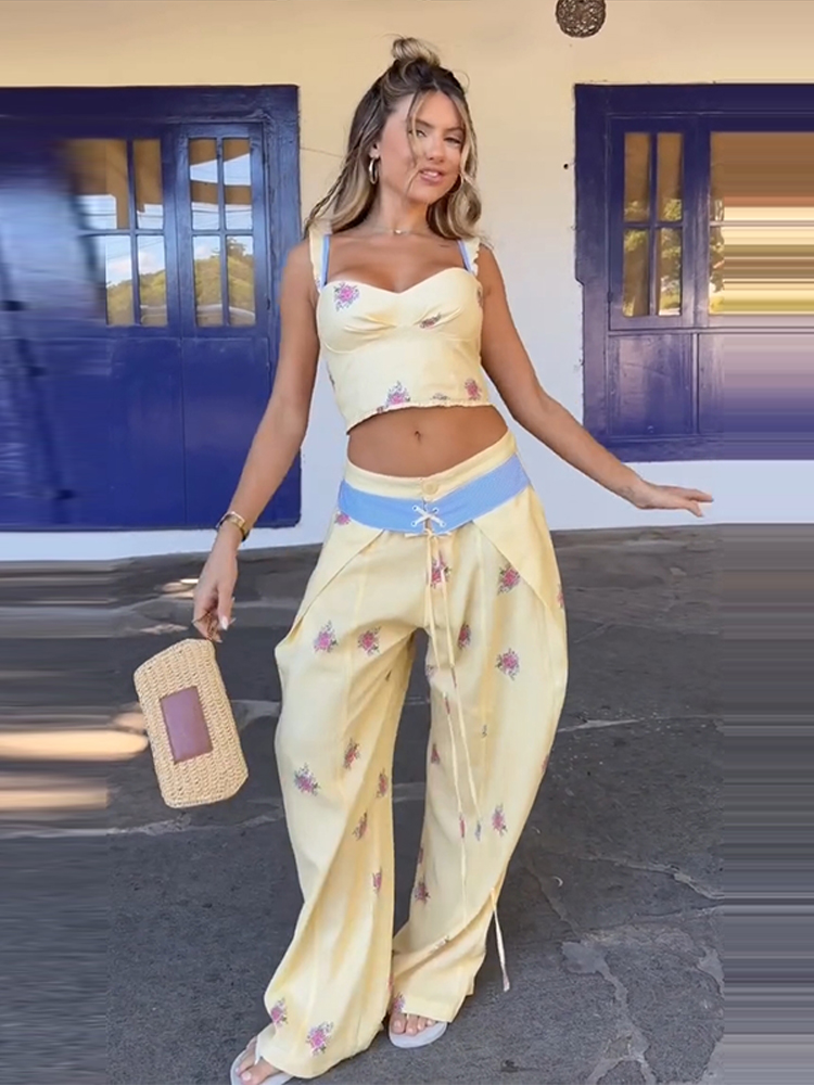 Wide Leg Palazzo Pants - Сексуальный комплект с принтом: жилет и